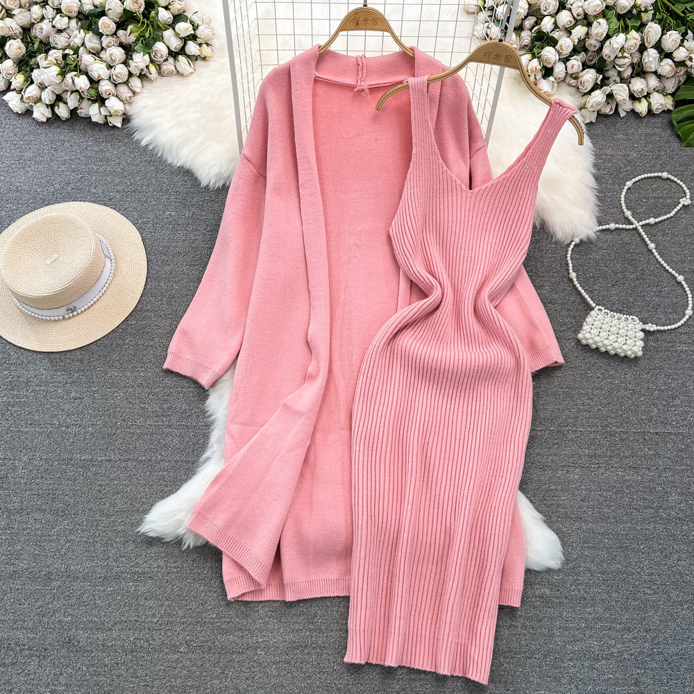 Soft and lazy style versatile loose medium to long knitted sweater jacket two-piece set, V-neck vest, hip hugging dress
