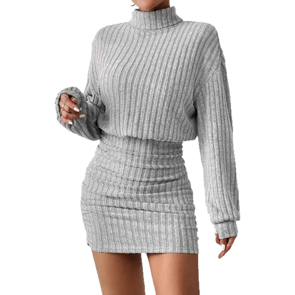 Hip hugging long sleeved high neck striped knitted sexy dress