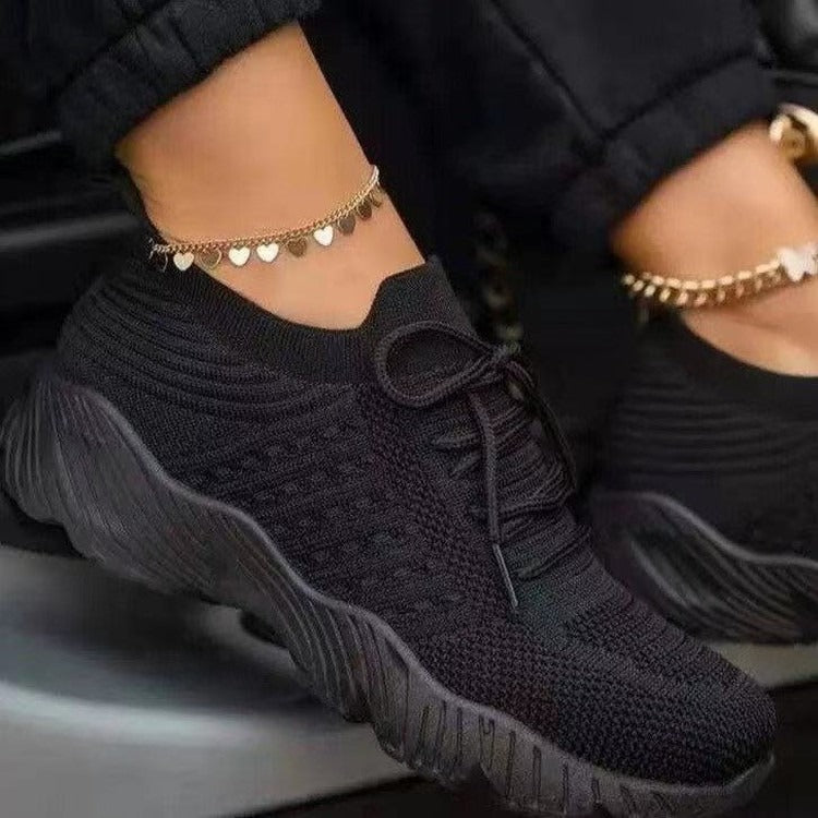 New big size women's sneakers women's lace mesh thick sole flying woven shoes breathable