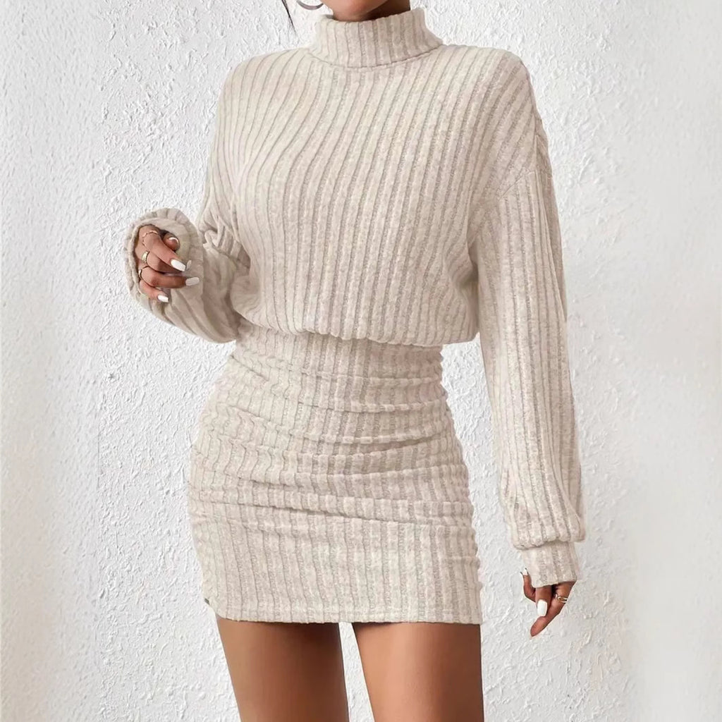 Hip hugging long sleeved high neck striped knitted sexy dress