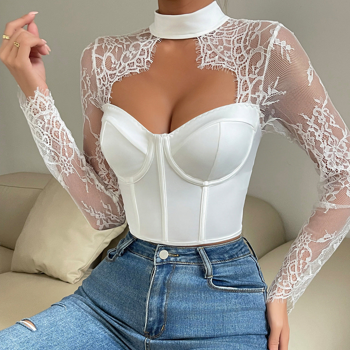 Arrival Sexy  Low-Cut Top Elegant Fitted Lace Long-Sleeve Women's Dress