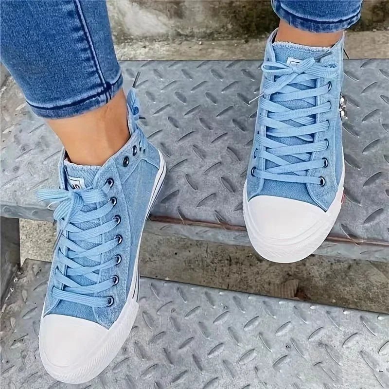 Flat bottomed lace up board shoes casual denim cloth shoes breathable canvas shoes high top female students