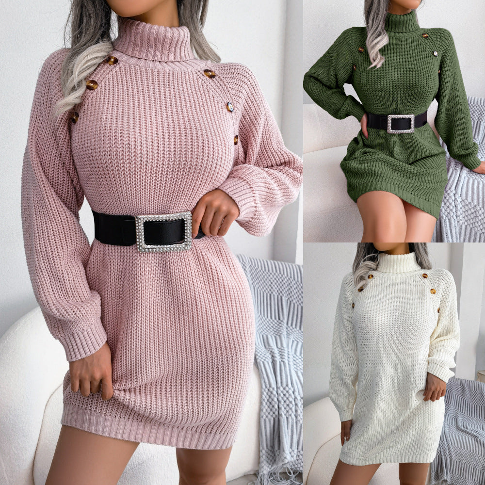 Button up high neck long sleeved base woolen dress