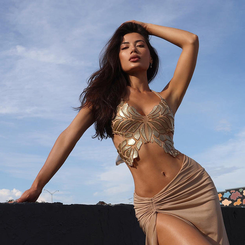 V-neck exposed navel sexy butterfly print spicy girl camisole vest for women