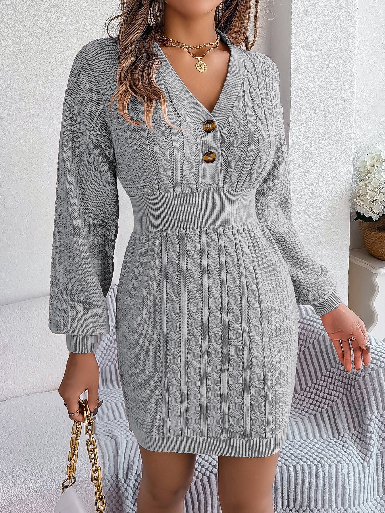 Button V-neck Fried Dough Twists lantern sleeve hip wrap wool dress
