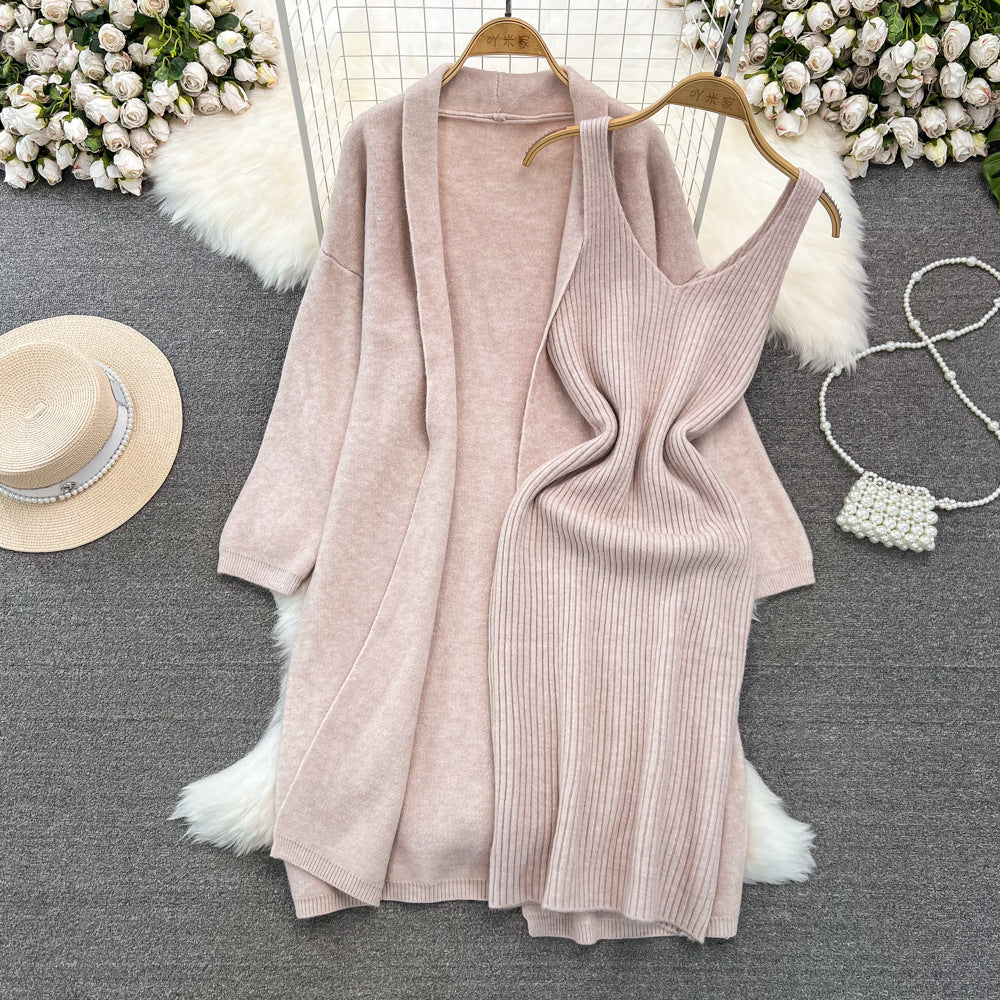 Soft and lazy style versatile loose medium to long knitted sweater jacket two-piece set, V-neck vest, hip hugging dress