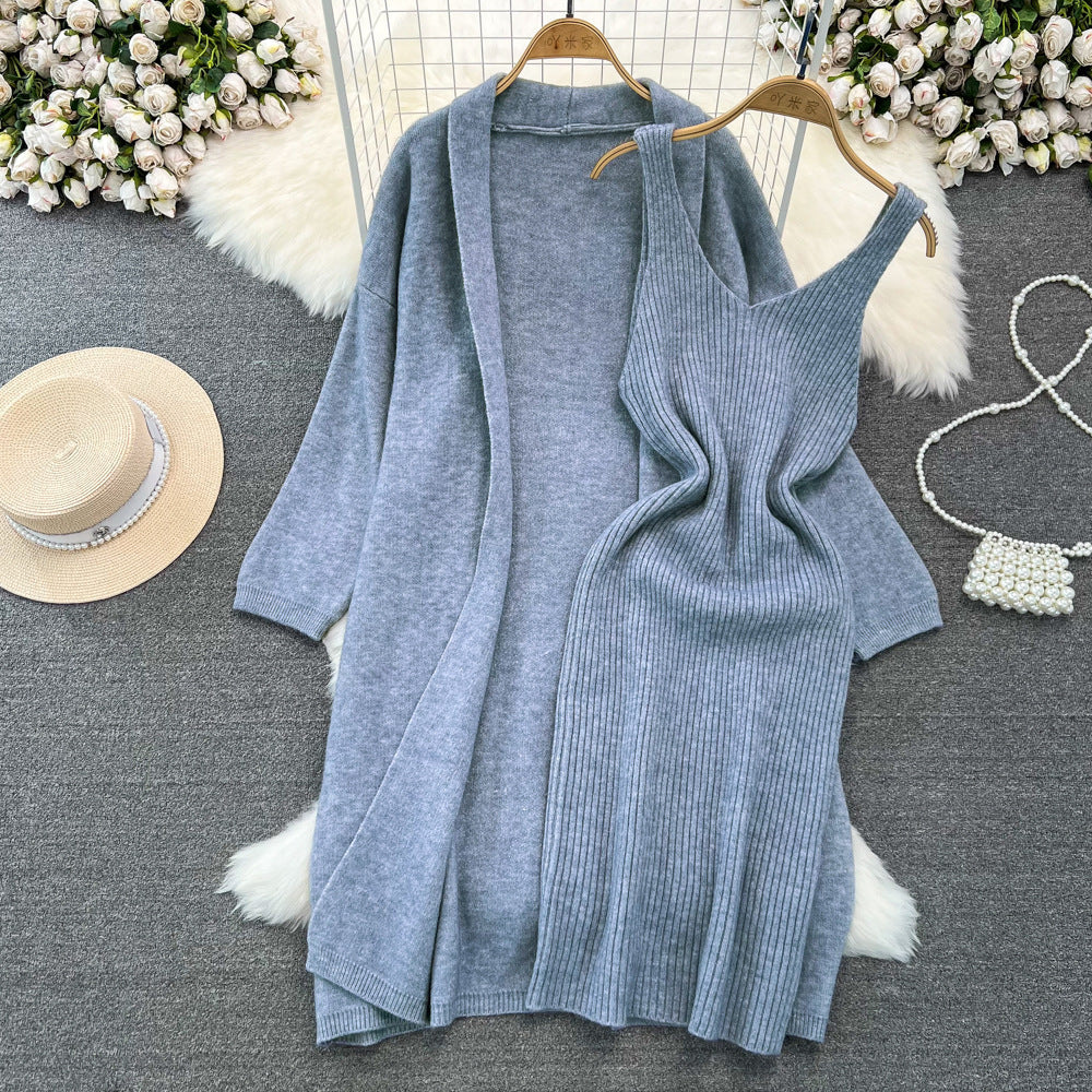 Soft and lazy style versatile loose medium to long knitted sweater jacket two-piece set, V-neck vest, hip hugging dress