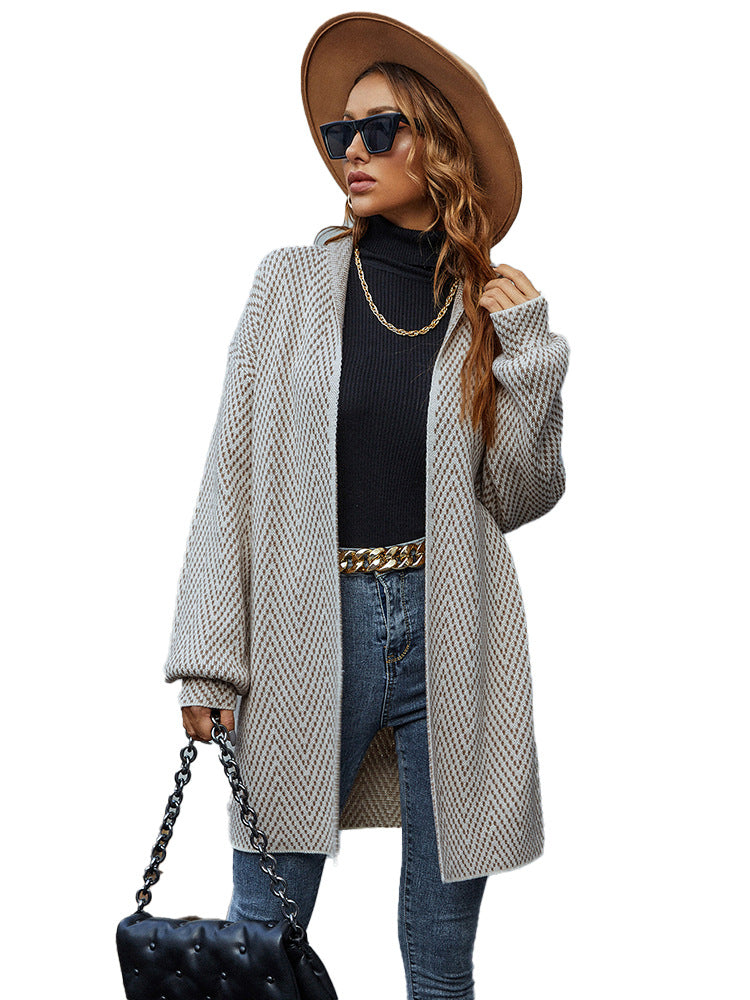Autumn And Winter Women's V-Neck Solid Color Knitted Cardigan Mid-Length Sweater Coat