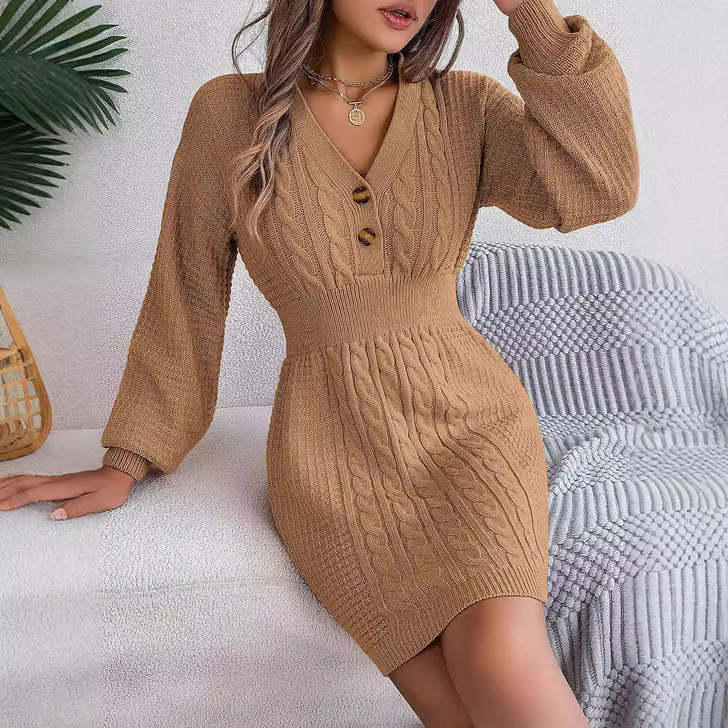 Button V-neck Fried Dough Twists lantern sleeve hip wrap wool dress