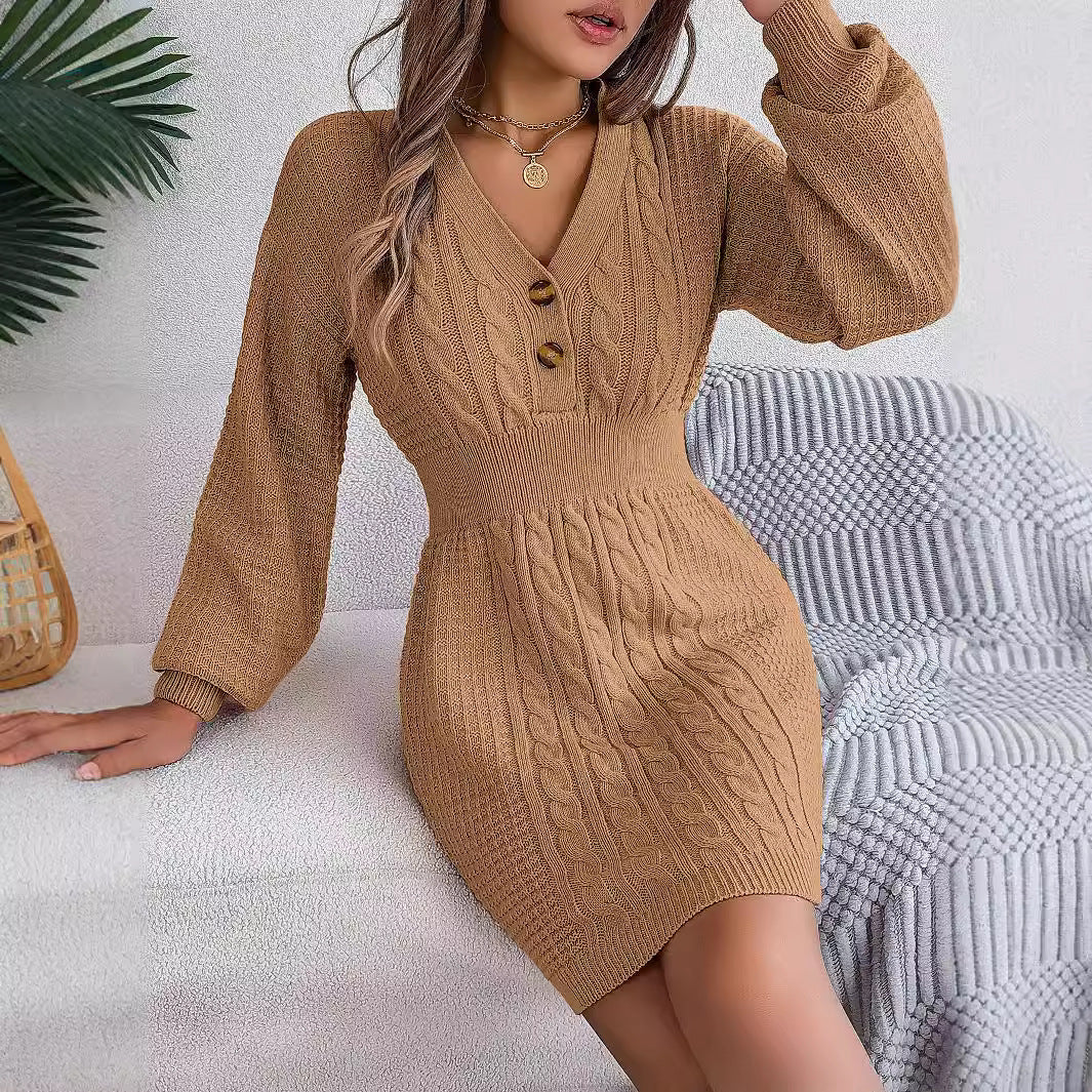 Button V-neck Fried Dough Twists lantern sleeve hip wrap wool dress