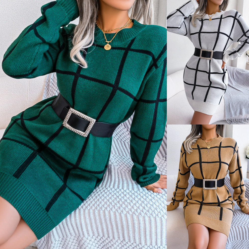 Casual contrasting plaid long sleeved base woolen dress