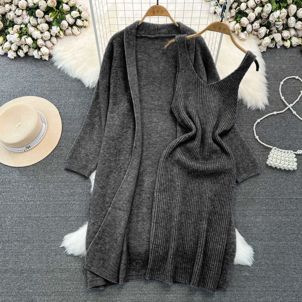 Soft and lazy style versatile loose medium to long knitted sweater jacket two-piece set, V-neck vest, hip hugging dress
