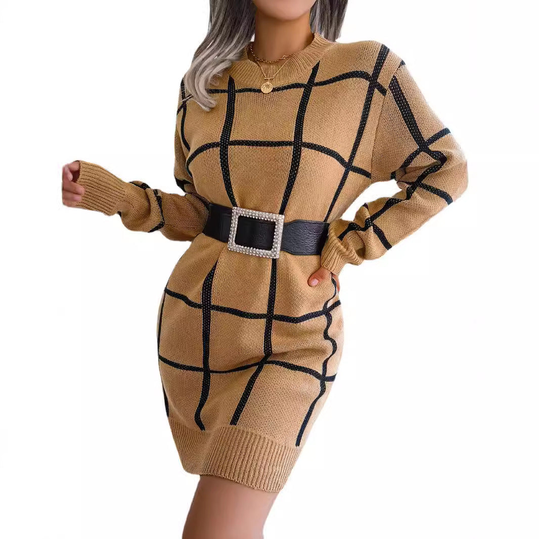 Casual contrasting plaid long sleeved base woolen dress